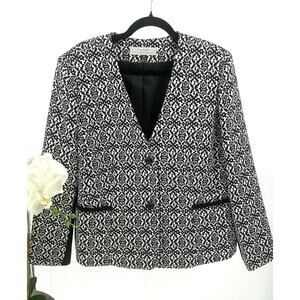 Tahari Womens Black White Geo Printed V-Neck Pocket Blazer Jacket Size 16W